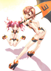 Rule 34 | 2girls, alternate costume, bent over, between legs, bow, brown eyes, brown hair, flat chest, floating hair, full body, hair bow, hand between legs, hand on own ass, high heels, holding, holding umbrella, long hair, looking at viewer, looking back, misaka mikoto, multiple girls, no panties, pink hair, race queen, raika9, red bow, red eyes, shadow, shirai kuroko, short hair, smile, standing, thigh strap, toaru majutsu no index, twintails, umbrella, white background