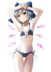 Rule 34 | 1girl, arms up, artist request, bikini, blue bikini, blue eyes, blue hair, blush, bow, cirno, collarbone, flat chest, hair bow, highres, ice, ice wings, looking at viewer, natsume suzuri, short hair, swimsuit, touhou, white background, wings