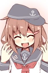 Rule 34 | 10s, 1girl, ^ ^, brown hair, closed eyes, closed eyes, hair ornament, hairclip, hat, highres, ikazuchi (kancolle), kantai collection, nanateru, neckerchief, open mouth, personification, red neckerchief, school uniform, serafuku, short hair, smile, solo, upper body