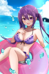Rule 34 | 1girl, :d, bikini, blue sky, breasts, cleavage, cloud, commentary, day, feet out of frame, floating, frilled bikini, frills, gochuumon wa usagi desu ka?, hair between eyes, hand on own chest, highres, horizon, innertube, long hair, looking at viewer, medium breasts, naonao (sherry), navel, ocean, open mouth, outdoors, purple bikini, purple eyes, purple hair, sky, smile, solo, swim ring, swimsuit, tedeza rize, twintails, water drop