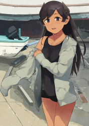 Rule 34 | 1girl, banned artist, black eyes, black hair, black one-piece swimsuit, boat, commentary request, cowboy shot, flat chest, headgear, highres, hood, hooded jacket, hoodie, horned headgear, i-400 (kancolle), jacket, kantai collection, long hair, looking at viewer, makio (makiomeigenbot), one-piece swimsuit, solo, standing, swimsuit, tan, watercraft, white jacket