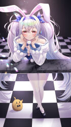 Rule 34 | absurdres, animal ears, arm support, azur lane, black footwear, blue bow, blue hairband, blue leotard, blush, bow, breasts, cleavage, closed mouth, commentary request, fake animal ears, grey hair, hair between eyes, hair bow, hairband, hands on own cheeks, hands on own face, highres, konparu uran, laffey (azur lane), laffey ii (azur lane), laffey ii (sleepy on a busy day) (azur lane), leaning forward, leotard, long hair, long sleeves, manjuu (azur lane), medium breasts, pantyhose, pink eyes, playboy bunny, rabbit ears, shrug (clothing), smile, standing, tile floor, tiles, very long hair, white pantyhose