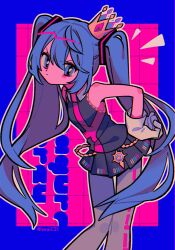 Rule 34 | 1girl, angry, annoyed, bare shoulders, black shirt, black skirt, blue hair, collared shirt, colored skin, commentary, crown, diagonal stripes, frown, gloves, grey pants, hair between eyes, hands on own hips, hatsune miku, highres, kimagure mercy (vocaloid), leaning forward, long hair, looking at viewer, menma (enaic31), mini crown, neon palette, pants, pants under skirt, pink skin, pleated skirt, shirt, sidelocks, skirt, sleeveless, sleeveless shirt, solo, striped, twintails, twitter username, very long hair, vocaloid, white gloves
