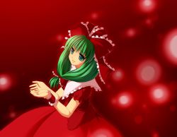 Rule 34 | 1girl, eyebrows, female focus, from above, front ponytail, green eyes, green hair, kagiyama hina, looking up, maroppe, matching hair/eyes, red ribbon, red skirt, red theme, ribbon, short sleeves, simple background, skirt, solo, touhou, wrist cuffs