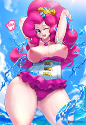 Rule 34 | 1girl, amano cigusa, arms up, blue eyes, bow, breasts, breasts out, earrings, hair ornament, hair tie, jewelry, large breasts, my little pony, my little pony: equestria girls, my little pony: friendship is magic, nipples, one-piece swimsuit, one eye closed, personification, pink hair, pinkie pie, plump, ponytail, solo, swimsuit, thick thighs, thighs, topless, wide hips, wink