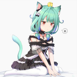 Rule 34 | 1girl, ahoge, animal ears, bare shoulders, basa rutan, bed sheet, black dress, blue hair, blush, cat ears, cat girl, cat tail, closed mouth, collarbone, commentary request, dress, frilled dress, frills, full body, gradient hair, grey background, hair over shoulder, hololive, long hair, low twintails, multicolored hair, off-shoulder dress, off shoulder, on head, pantyhose, red eyes, sitting, solo, spoken squiggle, squiggle, tail, tail raised, twintails, uruha rushia, uruha rushia (3rd costume), v-shaped eyebrows, virtual youtuber, wariza, white pantyhose
