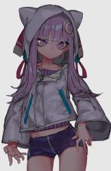 Rule 34 | 1girl, animal ears, blue shorts, cat ears, crescent, crescent hair ornament, crescent moon, cropped jacket, crotch zipper, expressionless, hair ornament, hood, hoodie, midriff peek, moon, patchouli knowledge, purple eyes, purple hair, purple hood, purple hoodie, short shorts, shorts, solo, thighs, thupoppo, touhou, wide sleeves, zipper