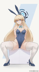 Rule 34 | 1girl, animal ears, aqua bow, aqua bowtie, bare shoulders, blonde hair, blue archive, blue eyes, blue footwear, blue leotard, bow, bowtie, braid, breasts, commentary, fake animal ears, french braid, grey background, groin, high heels, highres, hioyami, leotard, long hair, looking at viewer, official alternate costume, rabbit ears, sitting, small breasts, solo, spread legs, strapless, strapless leotard, thighhighs, thighs, toki (blue archive), toki (bunny) (blue archive), very long hair, white thighhighs