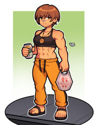 Rule 34 | 1girl, abs, bag, bandage on face, bandages, brown hair, can, clenched hand, gloves, highres, jewelry, looking to the side, muscular, muscular female, necklace, pants, persona, persona 4, plastic bag, satonaka chie, short hair, slippers, solo, sweatpants, teeth, tomboy, vj99