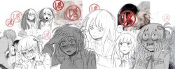 Rule 34 | 2girls, ?, blush, bulging eyes, closed mouth, commentary request, content rating, fingers to head, girl on top, greyscale, hair ribbon, hand on another&#039;s shoulder, highres, inoue takina, kiss, koyomania, long hair, lycoris recoil, lycoris uniform, medium hair, monochrome, multiple girls, neck ribbon, nervous sweating, nishikigi chisato, nude, one side up, open mouth, parted lips, ribbon, screaming, speech bubble, spoken question mark, spot color, sweat, sweatdrop, white background, yuri