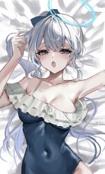 Rule 34 | 1girl, bare arms, bare shoulders, bed sheet, black one-piece swimsuit, blue archive, blue halo, covered navel, fang, frilled one-piece swimsuit, frills, grey hair, groin, halo, highres, long hair, miyako (blue archive), miyako (swimsuit) (blue archive), off-shoulder one-piece swimsuit, off shoulder, one-piece swimsuit, ponytail, purple eyes, skin fang, solo, swimsuit, unfinished, upper body, ya ta