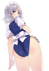 Rule 34 | 1girl, adapted costume, apron, ass, blue eyes, blue leotard, blush, bow, braid, commentary, commission, cowboy shot, frilled apron, frilled sleeves, frills, from behind, izayoi sakuya, leotard, looking at viewer, looking back, maid apron, maid headdress, medium hair, mokki (smtkmokki), parted bangs, parted lips, shirt, short sleeves, side braids, silver hair, simple background, skeb commission, solo, thighs, touhou, touhou tag dream, twin braids, white background, white bow, white shirt