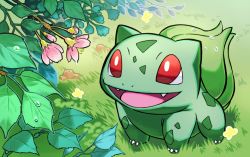 Rule 34 | :d, bright pupils, bulbasaur, claws, creatures (company), day, fangs, flower, game freak, gen 1 pokemon, grass, leaf, looking up, mega (fuigraph365), nintendo, no humans, open mouth, outdoors, pink flower, pokemon, pokemon (creature), red eyes, smile, solo, standing, tongue, water drop, white pupils