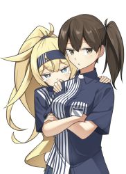 Rule 34 | 2girls, behind another, blonde hair, blue eyes, blue shirt, blush, breast pocket, breasts, brown eyes, brown hair, crossed arms, employee uniform, gambier bay (kancolle), hairband, highres, kaga (kancolle), kantai collection, lawson, long hair, medium breasts, multiple girls, name tag, negahami, pocket, ponytail, shirt, side ponytail, simple background, striped clothes, striped shirt, tearing up, tears, uniform, vertical-striped clothes, vertical-striped shirt, white background