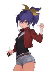 Rule 34 | 1girl, belt, black shirt, blue eyes, blue hair, bow, bracelet, duel academy uniform (yu-gi-oh! arc-v), hair between eyes, hair bow, hand on own hip, highres, jacket, jewelry, nbee ya, open clothes, open jacket, ponytail, red jacket, serena (yu-gi-oh!), shirt, short shorts, shorts, simple background, solo, white background, white shorts, yellow bow, yu-gi-oh!, yu-gi-oh! arc-v