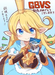 Rule 34 | 1girl, blonde hair, blue background, blue dress, blue eyes, blush, brown gloves, charlotta (granblue fantasy), closed mouth, commentary request, crown, dress, gloves, gradient background, granblue fantasy, granblue fantasy versus, guriin, hair between eyes, harvin, highres, holding, long hair, mini crown, pointy ears, puffy short sleeves, puffy sleeves, short sleeves, smile, solo, translation request, very long hair