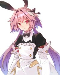 Rule 34 | 1boy, astolfo (fate), astolfo (saber) (fate), astolfo (saber) (third ascension) (fate), blush, bow, bowtie, crossdressing, fate/grand order, fate (series), hair bow, hair intakes, hair ribbon, long hair, looking at viewer, low twintails, male focus, multicolored hair, pink hair, purple eyes, ribbon, skirt, solo, streaked hair, trap, twintails, white hair