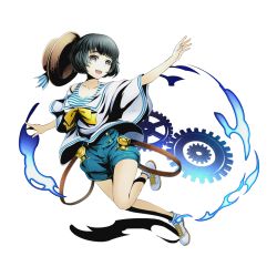 Rule 34 | 10s, 1girl, alpha transparency, black eyes, black hair, blue shorts, breasts, cleavage, collarbone, divine gate, full body, hat, leg up, looking at viewer, medium breasts, official art, open mouth, outstretched arm, ribbon, shadow, shiina mayuri, shirt, short hair, shorts, sleeveless, sleeveless shirt, solo, steins;gate, straw hat, striped clothes, striped ribbon, striped shirt, sun hat, t-shirt, transparent background, ucmm