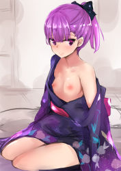 Rule 34 | 1girl, black bow, blush, bow, breasts, collarbone, commentary request, fate/grand order, fate (series), futon, hair bow, helena blavatsky (fate), highres, japanese clothes, kimono, long hair, looking at viewer, muoto, nipples, no bra, off shoulder, open clothes, open kimono, ponytail, purple eyes, purple hair, ribbon, sash, seiza, short hair, sitting, sleeves past wrists, small breasts, smile, solo, yukata
