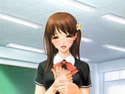 Rule 34 | 1girl, blush, breasts, brown hair, chalkboard, character request, classroom, closed eyes, game cg, indoors, large breasts, long hair, male hand, open mouth, school, school uniform, smile, source request