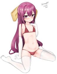 Rule 34 | 1girl, absurdres, bikini, bow, dated, flat chest, hair bow, highres, kamikaze (kancolle), kantai collection, long hair, looking at viewer, maru (marg0613), one-hour drawing challenge, purple eyes, purple hair, red bikini, simple background, sitting, solo, swimsuit, thighhighs, twitter username, wariza, white background, white thighhighs, yellow bow