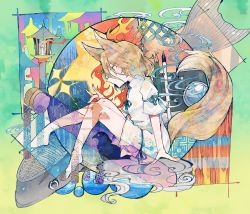 Rule 34 | 1girl, abstract, abstract background, animal ears, bird, blonde hair, bubble, bug, butterfly, candle, cityscape, cloud, commentary request, cork, crow, fire, fish, flower, fox ears, fox girl, fox shadow puppet, fox tail, from side, green ribbon, highres, insect, itomugi-kun, kudamaki tsukasa, marker, pencil, ribbon, romper, short hair, short sleeves, socks, solo, sparkle, tail, test tube, touhou, tower, water, white socks, yellow eyes
