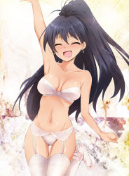 Rule 34 | 1girl, :d, ^ ^, antenna hair, arm up, bare arms, bare shoulders, black hair, blush, bra, breasts, cleavage, clenched hand, closed eyes, collarbone, dress, earrings, fang, female focus, ganaha hibiki, garter belt, garter straps, happy, highres, idolmaster, idolmaster (classic), jewelry, kaiga, legs, lingerie, long hair, midriff, navel, neck, open mouth, outstretched arm, panties, ponytail, smile, solo, strapless, strapless bra, thighhighs, underwear, wedding dress, white bra, white panties, white thighhighs