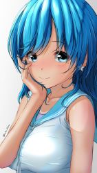 Rule 34 | 1girl, aigami shion, bare arms, blue eyes, blue hair, breasts, closed mouth, commentary request, earrings, garter-velvet, hand on own face, highres, jewelry, large breasts, long hair, looking at viewer, mole, mole under eye, original, sailor collar, school uniform, serafuku, shirt, signature, simple background, sleeveless, sleeveless shirt, smile, solo, tan, tanline, upper body, white background, white shirt