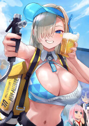 Rule 34 | 3girls, absurdres, asuna (blue archive), bare arms, bare shoulders, blue archive, blue eyes, blue sky, breasts, character name, character request, clothes writing, commentary request, crop top, cup, day, drinking glass, facial mark, grey hair, hair over one eye, highres, holding, holding cup, large breasts, midriff, millennium cheerleader outfit (blue archive), multiple girls, navel, noomaru (nomorepeople), pink hair, sky, star (symbol), stomach, visor cap