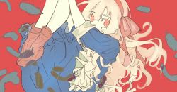 Rule 34 | 1girl, apron, blue dress, boots, bow, bow hairband, brown footwear, commentary, dress, falling feathers, feathers, fetal position, frilled apron, frilled dress, frills, hair bow, hairband, highres, kagerou project, kozakura marry, long hair, looking at viewer, pink bow, pink hairband, plutoful, red background, solo, very long hair, white apron, white hair