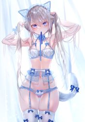 Rule 34 | 1girl, 9a-91 (girls&#039; frontline), absurdres, animal ears, armpits, arms up, bare arms, bare shoulders, blue eyes, blue ribbon, bra, breasts, bunching hair, cat ears, cat girl, cat tail, choker, cowboy shot, frilled choker, frills, garter belt, garter straps, girls&#039; frontline, gluteal fold, hair ornament, halterneck, headdress, highres, kemonomimi mode, lingerie, long hair, looking at viewer, mouth hold, navel, panties, panties over garter belt, pottsness, ribbon, silver hair, skindentation, small breasts, solo, standing, stomach, tail, thigh gap, thighhighs, thighs, twintails, underwear, underwear only, very long hair, white bra, white thighhighs
