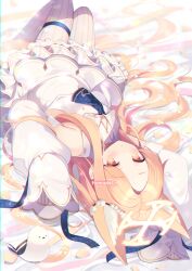 Rule 34 | 1girl, animal, animal ear fluff, animal ears, bed sheet, bird, blonde hair, blue archive, blush, detached sleeves, dress, extra ears, fox ears, halo, highres, homaderi, long hair, looking at viewer, lying, on back, pantyhose, parted lips, seia (blue archive), sleeves past fingers, sleeves past wrists, solo, striped clothes, striped pantyhose, vertical-striped clothes, vertical-striped pantyhose, white bird, white dress, white pantyhose, white sleeves, yellow eyes
