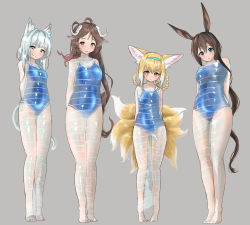 Rule 34 | 4girls, absurdres, ahoge, amiya (arknights), animal ear fluff, animal ears, arknights, blonde hair, blue eyes, blue hairband, blue one-piece swimsuit, bound, braid, braided hair rings, breasts, cat ears, cat tail, commentary request, commission, covered navel, eyjafjalla (arknights), fox ears, fox tail, full body, grey background, grey eyes, hair rings, hairband, highres, horns, long hair, looking at viewer, medium breasts, multiple girls, multiple tails, mummification, one-piece swimsuit, parted lips, pixiv commission, rabbit ears, rosmontis (arknights), seirein (htyn2888), sheep ears, sheep horns, silver hair, simple background, standing, suzuran (arknights), swimsuit, tail, very long hair, yellow eyes
