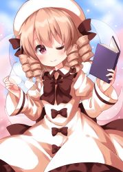 Rule 34 | 1girl, black bow, black bowtie, blonde hair, book, bow, bowtie, breasts, brown eyes, collared shirt, cowboy shot, dress, drill hair, fairy, fairy wings, frilled bow, frills, glasses, hat, hat bow, highres, holding, holding book, holding removed eyewear, juliet sleeves, long sleeves, luna child, one-hour drawing challenge, puffy sleeves, ruu (tksymkw), shirt, small breasts, solo, touhou, unworn eyewear, white dress, white hat, wide sleeves, wings