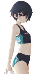 Rule 34 | 1girl, absurdres, akipeko, black hair, blush, breasts, cowboy shot, from side, highres, looking at viewer, midriff, original, purple eyes, short hair, simple background, small breasts, solo, sports bra, standing, sweat, tears, track and field, white background
