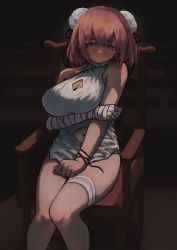 Rule 34 | 1girl, absurdres, alternate costume, arm under breasts, bandaged arm, bandages, bare shoulders, blush, breasts, bun cover, chair, cleavage, cleavage cutout, closed mouth, clothing cutout, commentary request, dark, double bun, embarrassed, feet out of frame, full-face blush, hair between eyes, hair bun, have to pee, highres, ibaraki kasen, knees together feet apart, large breasts, looking away, looking to the side, navel cutout, niud, pink eyes, pink hair, short hair, sitting, solo, thigh strap, touhou