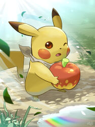 Rule 34 | absurdres, apple, brown eyes, creatures (company), falling leaves, food, fruit, game freak, gen 1 pokemon, grass, highres, holding, holding food, holding fruit, leaf, nintendo, on ground, one eye closed, open mouth, pikachu, pokemon, pokemon (creature), pokemon mystery dungeon, puddle, rainbow, reflection, reflective water, scarf, signature, solo, standing, sunlight, water drop, white scarf, yamaori (hakkentai pokedan)