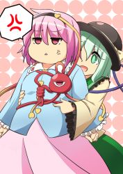 Rule 34 | 2girls, :d, anger vein, annoyed, poking belly, belly rub, blouse, breasts, clenched hands, fat, green eyes, green hair, hairband, hat, hug, hug from behind, komeiji koishi, komeiji satori, moja (moja4192), multiple girls, open mouth, pink hair, plump, red eyes, shirt, short hair, siblings, sisters, small breasts, smile, spoken anger vein, third eye, touhou, triangle mouth