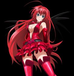 Rule 34 | 10s, 1girl, ahoge, belt, black panties, black wings, boots, breasts, cleavage, dress, elbow gloves, floating hair, from below, gloves, gluteal fold, green eyes, hair between eyes, hand on own hip, high school dxd, long hair, looking at viewer, looking down, medium breasts, panties, red dress, red footwear, red gloves, red hair, red thighhighs, rias gremory, shiny clothes, shiny skin, short dress, solo, standing, thigh boots, thighhighs, transparent background, underwear, very long hair, wings, zipper