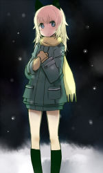 Rule 34 | 1girl, animal ears, blonde hair, blue eyes, coat, dark, gradient background, hands on own chest, helma lennartz, highres, izuoku, long hair, looking at viewer, military, military uniform, mittens, night, scarf, snow, snowing, solo, strike witches, strike witches: suomus misfits squadron, uniform, winter, winter clothes, world witches series
