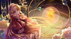 Rule 34 | 1girl, bad id, bad pixiv id, blonde hair, bonnet, bow, dress, elf, fire, flower, frilled dress, frills, hair bow, haneru, long hair, looking at viewer, original, pointy ears, red dress, red eyes, rug, smile, solo