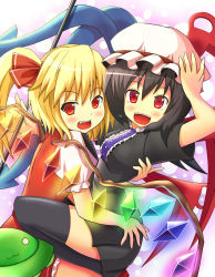 Rule 34 | 2girls, :3, :d, asymmetrical wings, bad id, bad pixiv id, black hair, blonde hair, borrowed clothes, fang, female focus, flandre scarlet, glowing, hair ribbon, headwear switch, houjuu nue, multiple girls, open mouth, red eyes, ribbon, short hair, smile, thighhighs, touhou, ufo, wings, yunomi chawan