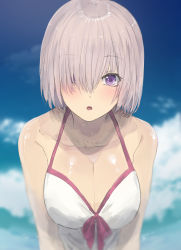 Rule 34 | 1girl, :o, arms at sides, bare arms, bare shoulders, blue sky, breasts, cleavage, cloud, cloudy sky, collarbone, commentary request, day, dress, fate/grand order, fate (series), hair over one eye, halterneck, highres, large breasts, looking at viewer, mash kyrielight, mash kyrielight (swimsuit of perpetual summer), misaki nonaka, no eyewear, official alternate costume, one eye covered, open mouth, outdoors, purple eyes, purple hair, purple ribbon, ribbon, short hair, sky, sleeveless, sleeveless dress, solo, spaghetti strap, upper body, white dress
