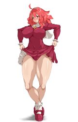 Rule 34 | 1girl, blush, breasts, cross, cross necklace, disgaea, dismania (xenoman), fingernails, hairband, highres, jewelry, la pucelle, large breasts, lips, nail polish, necklace, panties, prier, red eyes, red hair, shoes, simple background, socks, solo, thighs, underwear