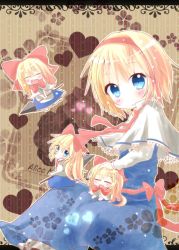 Rule 34 | 1girl, alice margatroid, blonde hair, blue dress, blue eyes, blush, bow, capelet, character name, doll, dress, closed eyes, female focus, hair bow, hairband, heart, lace, lance, long hair, looking at viewer, necktie, open mouth, polearm, ribbon, sash, shanghai doll, short hair, smile, solo, touhou, weapon, yuya (minus-k)