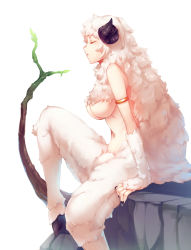 Rule 34 | 1girl, breasts, chinese zodiac, closed eyes, hooves, horns, large breasts, long hair, original, sheep horns, sitting, solo, tsuki tokage, underboob, very long hair, white hair, year of the goat