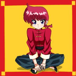 Rule 34 | 1girl, artist request, blue eyes, border, braid, chinese clothes, full body, gender request, genderswap, looking at viewer, ranma-chan, ranma 1/2, red border, red eyes, red hair, saotome ranma, simple background, single braid, sitting, solo, tangzhuang, yellow background