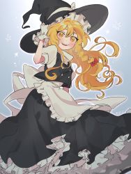Rule 34 | 1girl, apron, back bow, black hat, black skirt, black vest, blonde hair, blue background, blush, bow, braid, commentary, cowboy shot, gloves, hair bow, hand on headwear, hand up, hat, hat bow, highres, kirisame marisa, long hair, looking at viewer, open mouth, puffy short sleeves, puffy sleeves, red bow, shirt, short sleeves, single braid, skirt, smile, sobamushi mo, solo, star (symbol), symbol-only commentary, touhou, turtleneck, vest, waist apron, white bow, white gloves, white shirt, witch hat, yellow eyes