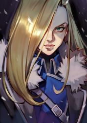 Rule 34 | 1girl, amestris military uniform, blonde hair, blue eyes, fullmetal alchemist, hair over one eye, highres, lips, long hair, olivier mira armstrong, portrait, shaded face, simple background, solo, uncle rabbit ii