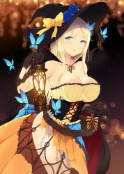 Rule 34 | 1girl, :o, bare shoulders, basket, belt, black gloves, black hat, blonde hair, blue eyes, boku wa tomodachi ga sukunai, breasts, bug, butterfly, butterfly hair ornament, cait aron, candy, candy cane, cape, cleavage, corset, food, gloves, hair ornament, halloween, hat, highres, holding, insect, jack-o&#039;-lantern, kashiwazaki sena, lantern, large breasts, lollipop, long hair, looking at viewer, no panties, orange skirt, skirt, solo, standing, too many, too many butterflies, vial, witch hat
